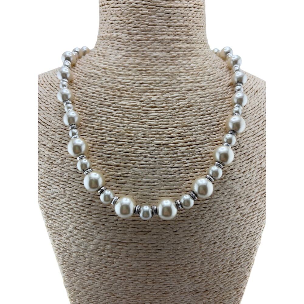 Vintage Graduated Faux Pearl Silver Tone Ornate Spacer Necklace